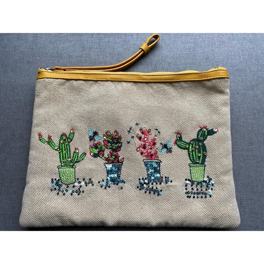Talbots Bag Clutch Sequin Beaded Wristlet Embroidered Makeup Floral Cactus sku2